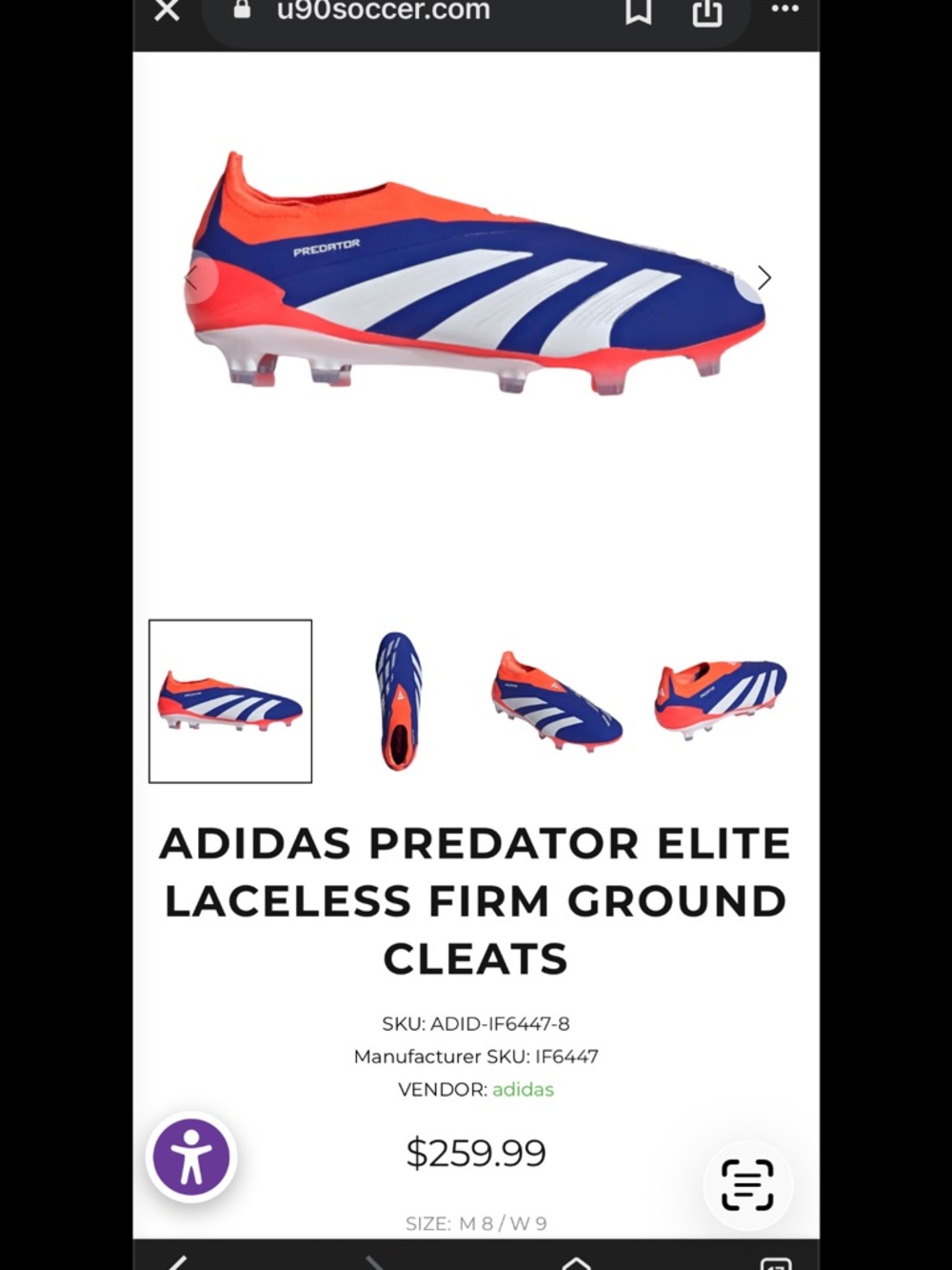 adidas Predator Elite Laceless Cleats - Blue/Orange/White sz 8 mens new in box.